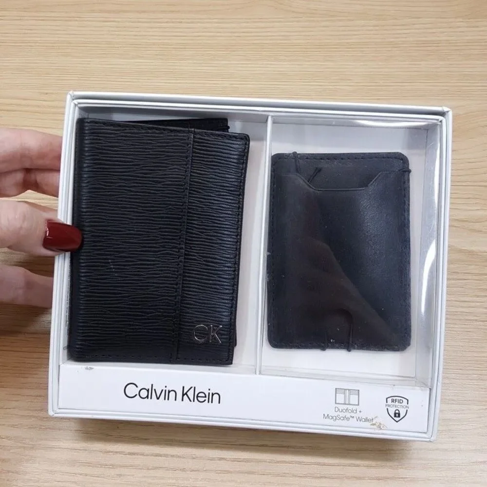 CALVIN KLEIN Duofold Wallet Set Mens Black Leather RFID MagSafe Card Holder